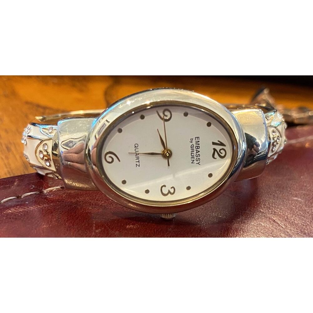 Women's 25mm Silver Tone Embassy by Gruen Watch, Enamel and Crystal Accents - Picture 2 of 4